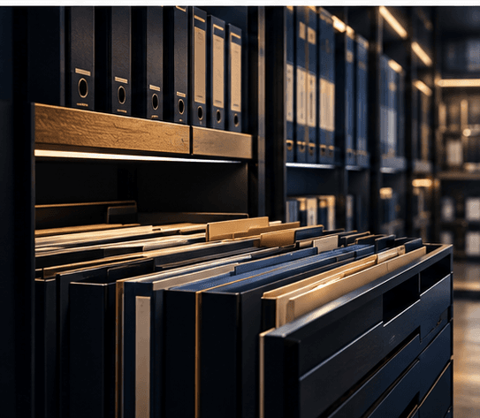Organized exhibit binders representing clerical architecture